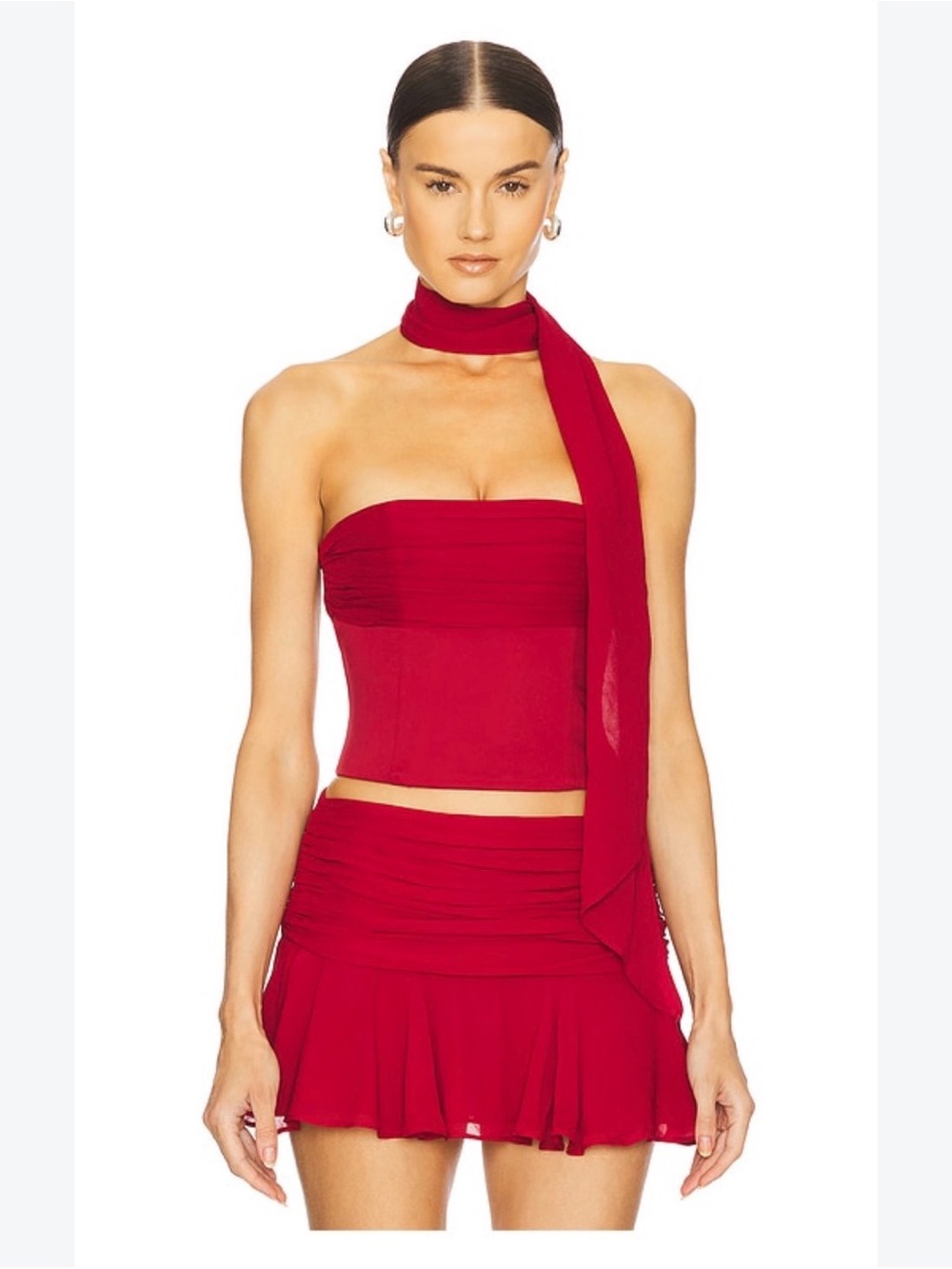 Red Gathered Waist Circle Skirt with Drawstring